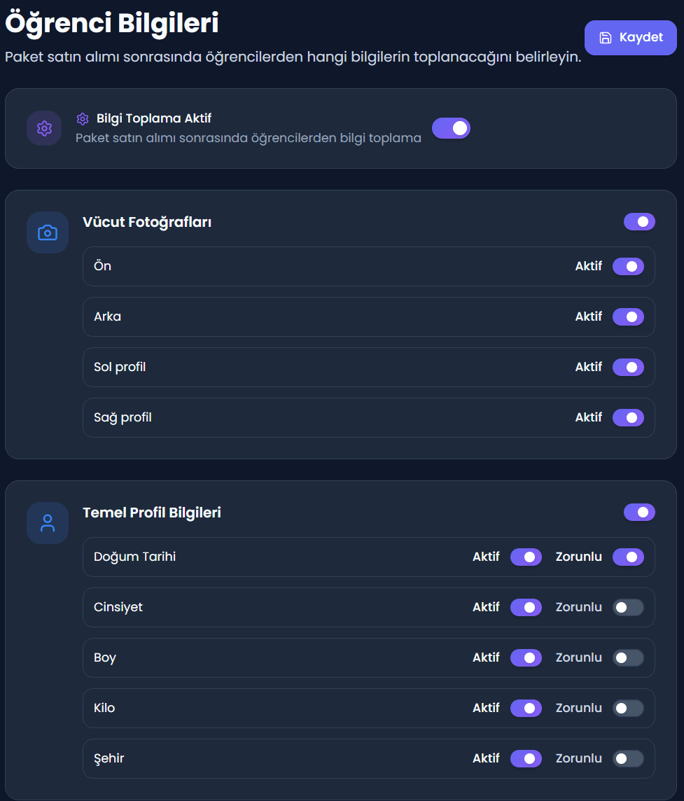 Öğrenci belgeleri ayarları