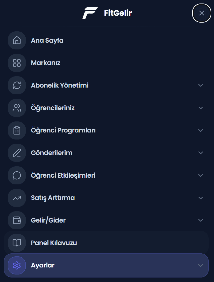 FitGelir admin paneli menü