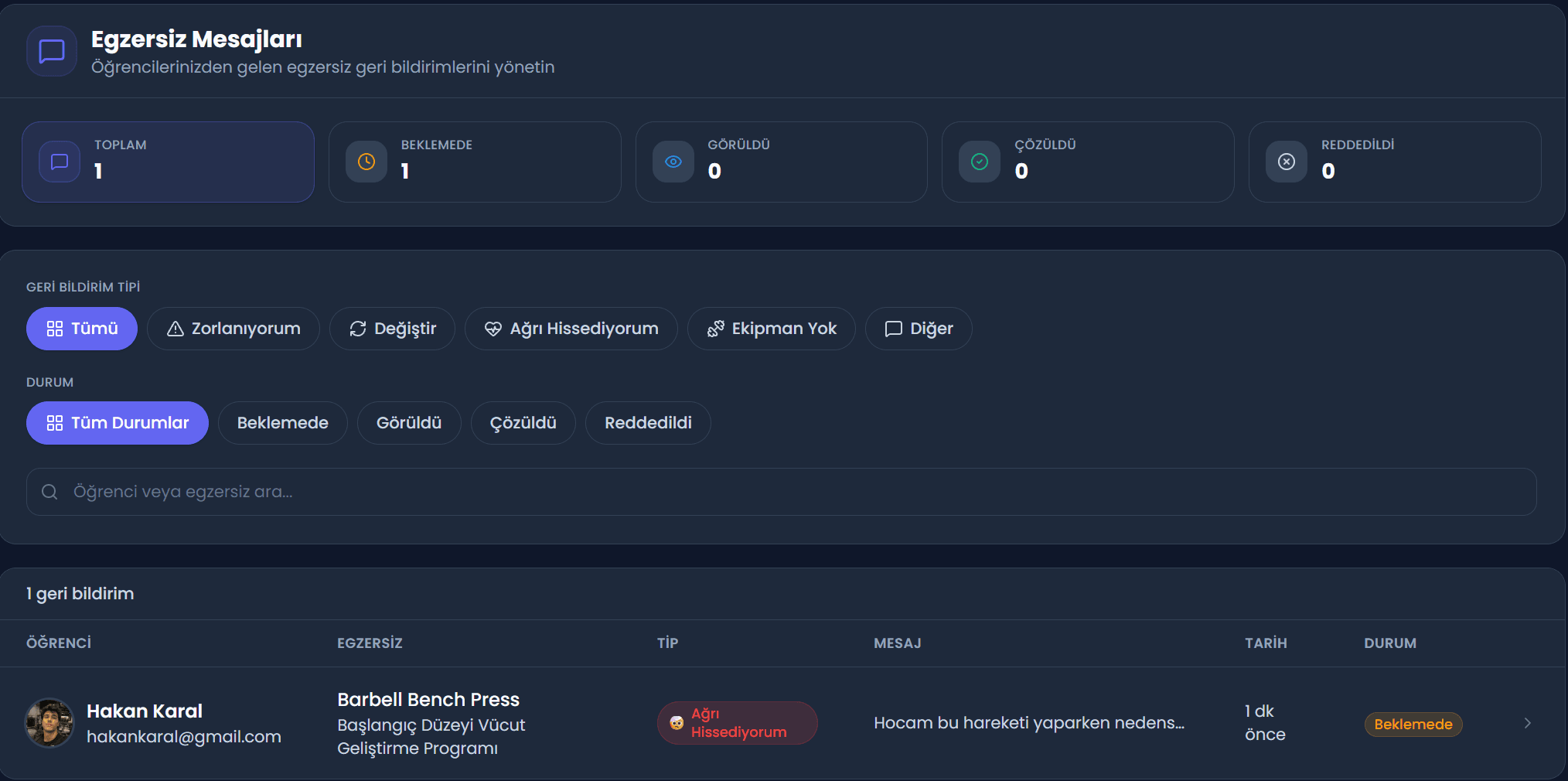 Egzersiz mesajları admin paneli